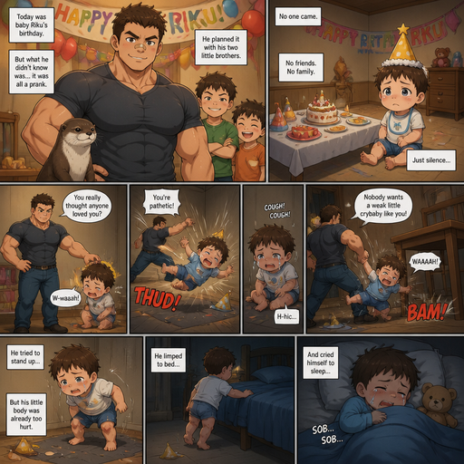 A DETAILED AND LIFELIKE ANIME LONG Comic Book story view of a Bulky but Muscular ANIME Cute Bara Man With Peach toned skin Who looks Normal aind round facial Structure and Basic facial structure With Puffy and Big Pecs that are visible through the shirt and Biceps and Bandaid on his nose and Brown short hair that makes them look tough. Wearing normal With his pet Grown and healthy realistic otter and 2 little brothers that are in different ages but young. At the baby brother‘s birthday party And the baby on his birthday was left home alone with no one at his party and it was a prank from him with no one around to show that the baby isn’t loved And so he picks the little baby brother up at his alone Party by the arm and the baby brother fly’s into to the floor and cries but is to weak and the baby brother sits there coughing and gets up slowly. and he flies again to and hits his table leg, and he limps to bed and cries to sleep