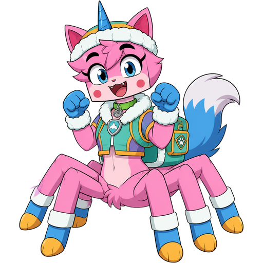 happy pink cat anthro femboy arachne with blue and white tail white wrists blue hands white ankles yellow feet green collar blue unicorn horn based on unikitty wearing everest's hat and everest's clothing with everest's backpack