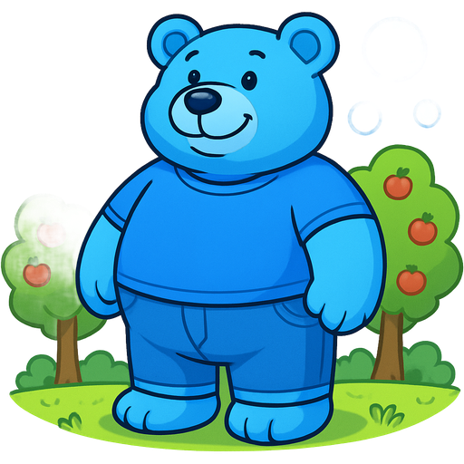 A giant, inflated blue bear wearing a blue shirt and jeans stands in an orchard with bubbles floating around, cartoon style.