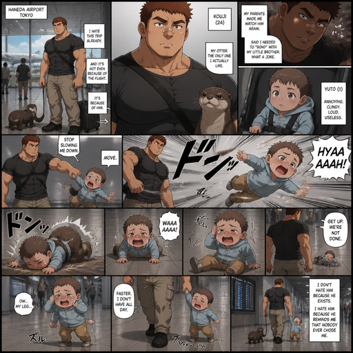 A DETAILED AND LIFELIKE LONG ANIME Comic Book story of a Bulky but Muscular ANIME Cute Bara Man With Peach toned skin Who looks Normal aind round facial Structure and Basic facial structure With Puffy and Big Pecs that are visible through the shirt and Biceps and Bandaid on his nose and Brown short hair that makes them look tough. Wearing normal With his pet Grown and healthy realistic otter. And has and infant baby brother and he’s tired of the baby brother and never loved his brother, In the Airport he picks the little baby brother up by the arm and the baby brother fly’s hard to the floor and cries and the baby brother is propped up and down from recoil and the baby brother gets up and drags his leg while walking and is pushed to move faster