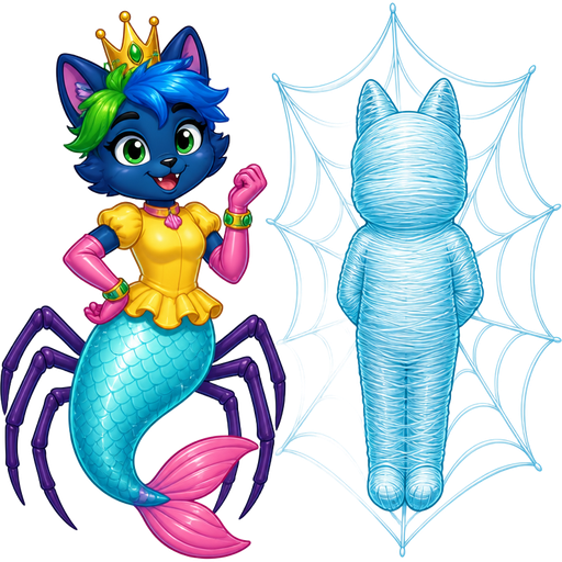 smiling dark blue boy cat furry with green and blue hair wearing golden crown green braclets attached to pink long rubber gloves yellow dress tucked in a light cyan mermaid tail with white highlights with pink tail fins with purple spider legs on the left next to fully completely covered covered encased enveloped with ten layers of light cyan spider slik wrappings mummified and cocooned and webbed shaped like bluey heeler whole completely covered encased enveloped with ten layers of light cyan spider slik wrappings cocoon whole head whole body whole arms and whole legs completely covered wrapped up and mummified from head to toe in ten layers of light cyan spider slik wrappings shaped like whole bluey Heeler with arms behind back and legs bonded together completely covered encased enveloped in with ten layers of light cyan spider slik wrappings cocoon tightly with white highlights mummy shaped like whole bluey Heeler with arms behind back and legs bonded together completely covered encased enveloped with ten layers of light cyan spider slik wrappings cocoon with white highlights tightly in a light cyan spider web on the right