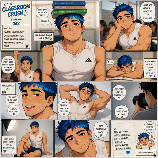 A Full page Anime Comic book story about of a masculine and Bulky ANIME Cute Bara Man American 20 year old with a ROUND and BASIC facial structure and TENAGE BARA CUTE MALE not to detailed With bigger than average Pecs that are visible through the shirt and Biceps and a big Bandaid on his nose and Left Cheek and Right Eye brow. Wearing a no piercings Baggy White sleeveless Adidas Athletic shirt and Short and Blue Hair and Bright Blue Hair Tips and Strait with brown eyes and black eyebrows. Sitting down with his head still and his eyes looking up at you with a Hot,Cute and Dreamy smile And Balances Books on his head and doing other cute and Hot stuff in classrooms and Licking his lips at a Photoshoot.