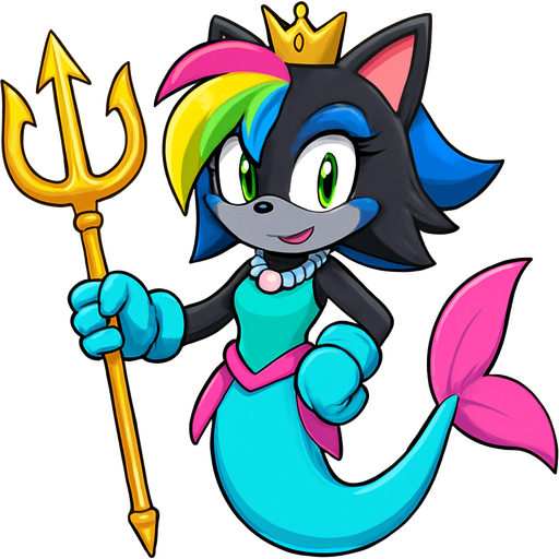 sonic x style version black with blue markings anthro cat with pink and green and yellow hair blue green eyes golden crown with light purple necklace light cyan braclets cyan and green dress with pink skirt attached to cyan and light blue mermaid tail with pink tail fins pink and cyan gloves holding a golden trident sonic x style version