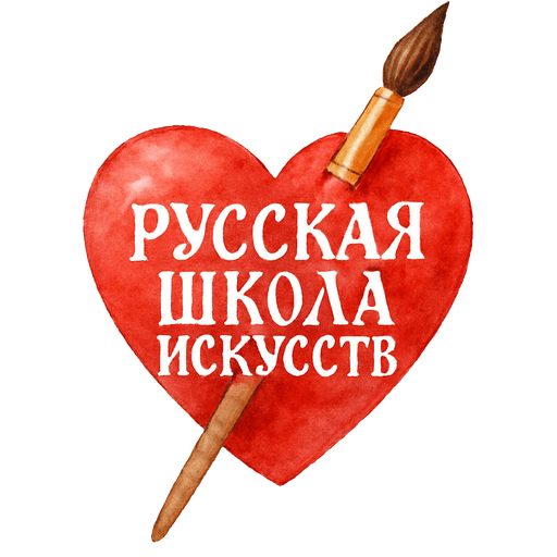 Сердце, сверху воткнута кисть вместо меча, на кисточка написано Русская Школа искусств, шрифт в старославянском стиле, в красно белом цвете