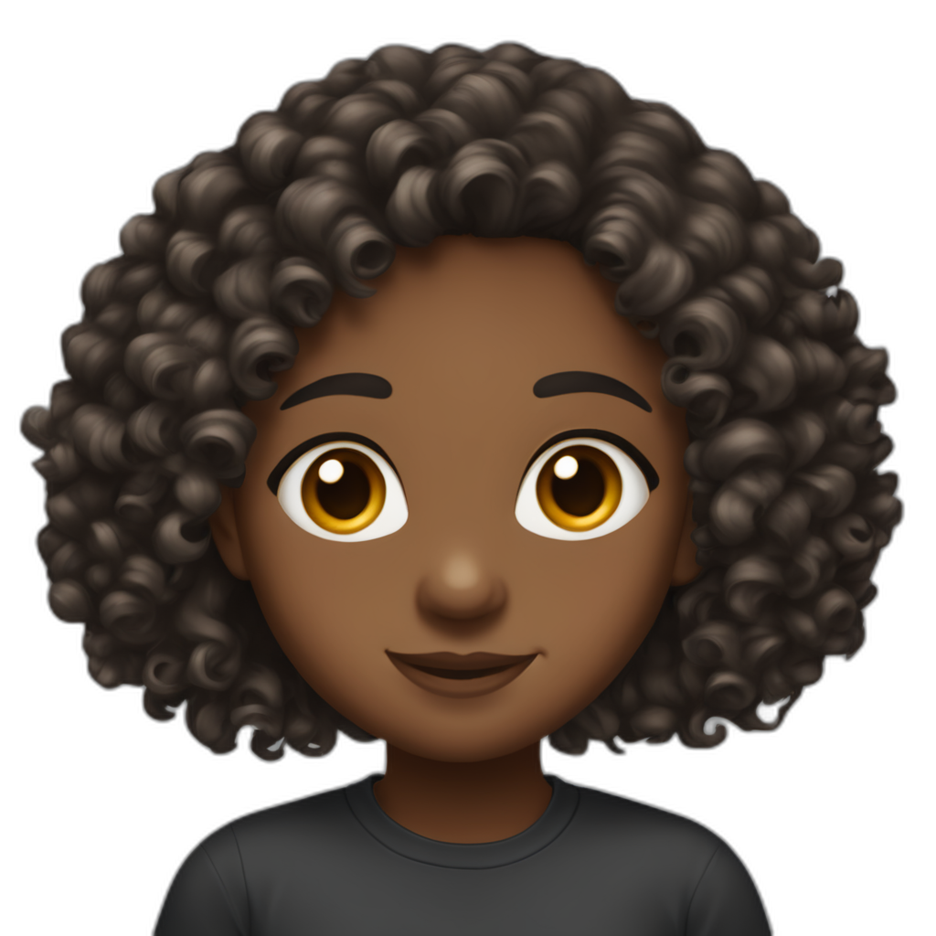 Can you draw a dark-skinned girl with curly hair, hair type B3, long curly hair, a wide forehead, sharp and thick eyebrows, a medium-sized nose, a sharp chin, and a dimple on the right cheek?