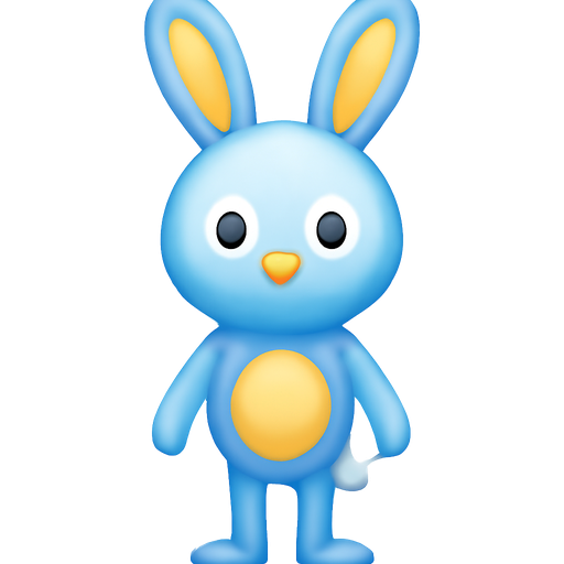 A light blue bunny has no nose and round mouth has 0 whiskers and round mouth with yellow in the middle of the ears that has wight eyes with black in the middle, has no whiskers that stands on skinny legs and has a skinny body and skinny arms and has huge ears that stand on top of his head and tiny bushy tail that is wight and has a round belly that is yellow and is toward the bottom of the stomach