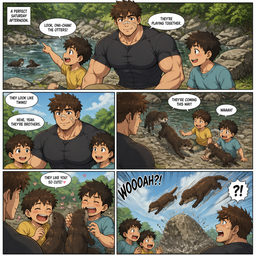 A DETAILED AND LIFELIKE ANIME Comic Book story view of a Bulky but Muscular ANIME Cute Bara Man With Peach toned skin Who looks Normal aind round facial Structure and Basic facial structure With Puffy and Big Pecs that are visible through the shirt and Biceps and Bandaid on his nose and Brown Fluffy and Strait hair. Wearing normal With his pet Grown and long and healthy otter and 2 little brothers that are in Late elementary grades. And they See there twin otter plays and the otters Crawl to the littles brothers. And the otters then are fly at a rock