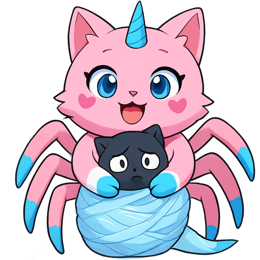 giant pink cat spider hybrid with blue unicorn horn green neck blue eyes with eyelashes heart shaped cheeks white wrists blue hands white ankles yellow feet blue and white tail happy hugging #B8FFFF slikworm cocooned pod black cat anthro worried covered with #B8FFFF huge coating of #B8FFFF slik and huge #B8FFFF slik wrappings and huge #B8FFFF webbing wrappings #B8FFFF