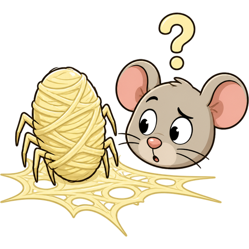 non transparent #FFF4A6 spider cocooned webbed mummified with #FFF4A6 spider slik webbings on the ground with a mouse head confused