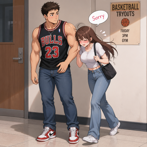 A Real life Full Body view of a Stubby but Muscular and more Muscle than Fat ANIME Man Who looks Normal and American with a round facial Structure and Basic facial structure. Wearing a Tight Basketball Jersey and Jeans. With a Girl Knocking in to him and blushing saying “Sorry”