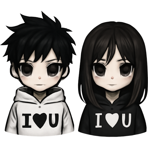 A boy who has black spiked hair black eyes white hoodie and that says I 🖤 U but black and then a girl with dark brown straight hair dark brown eyes a black hoodie that says I 🤍 U