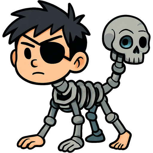 a creature with black haired boy head with eyepatch on a metal pipe a robotic skull with an eye on metal pipe tail with a ribcage with three robot legs with human foot and human hand on skeleton arm and human hand on a metal pipe