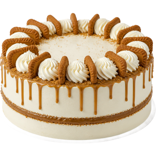 Whole 2-Layered Bischoff Cookie Cake with Vanilla Buttercream Frosting with Cookie Butter Ganache, Vanilla Buttercream Frosting Dollops on Top with Bischoff Cookies In-between Going around the top of the Cake