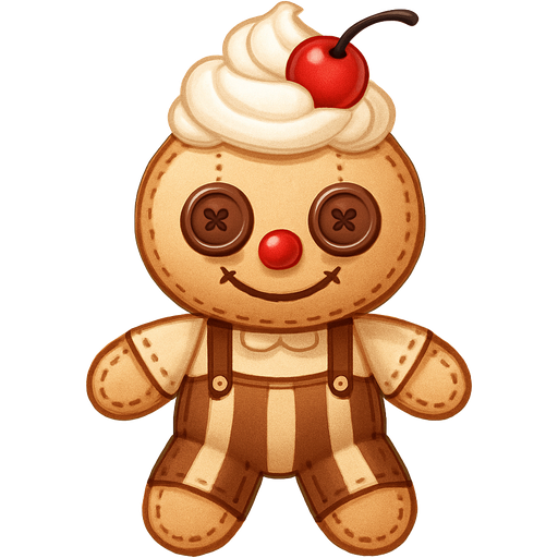 A cute root beer float themed clown voodoo doll with whipped cream and a maraschino cherry with cute matching button eyes and bright root beer brown stitching with the cutest outfit that looks like a root beer float