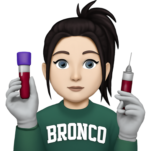 A woman with white skin, thin high arched eyebrows, with a nose ring, long black hair pulled straight back into a messy top ponytail, wearing light gray latex gloves, wearing a green ford bronco sweatshirt, very pale blue eyes, holding a purple top tube of blood and a string half full of blood