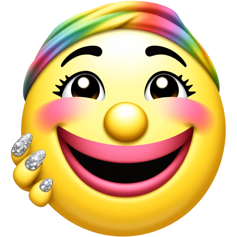"Joyful smiley with oversized glossy lips painted in vibrant shades, adorned with sparkling rhinestones. Its playful expression is framed by dazzling, long, glittery nails that shimmer in the light, enhancing the cheerful vibe. The smiley wears a funky, rainbow-patterned headband, adding an extra touch of whimsy to its vibrant look!"