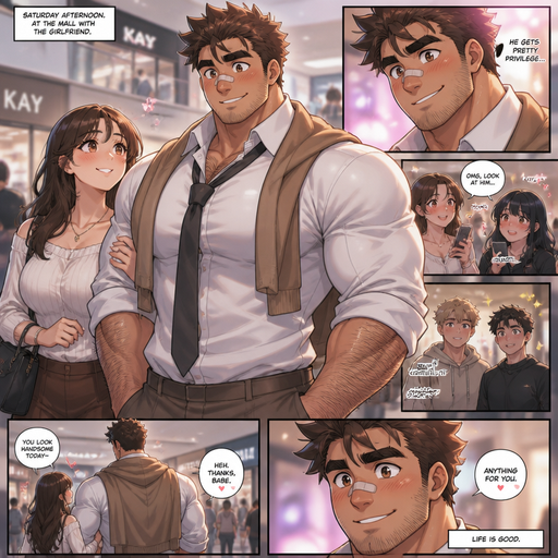 A REALISTIC AND LIFELIKE Comic book Story of a Bulky but Muscular ANIME Cute Bara Man With Peach toned skin Who looks Normal and a huge and Masculine round facial Structure and Basic facial structure With Puffy and Big Pecs that are visible through the shirt and Biceps and Bandaid on his nose and Brown Spiky hair and His Hair Curls At the tip of strands. Wearing a white shirt and sweater with pants a Tie and Rolled up sleeves and has a HAIRY MANLY body and Small stubble beard. with his girlfriend At the mall and they look perfect and Everton girl and He Soon happy he smiles and Gets pretty privilege