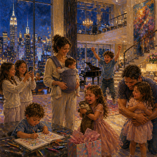 Give me a mom holding the baby with the baby carrier and the 10 year-old twin sisters are videoing and the Dad is giving the five year-old sister a hug and a five sister is holding the baby otter and she’s crying happy tears because it was for her birthday and the six-year-old brother is jumping with happiness and the toddler boy is coloring and their house is so so so big with the New York City night view