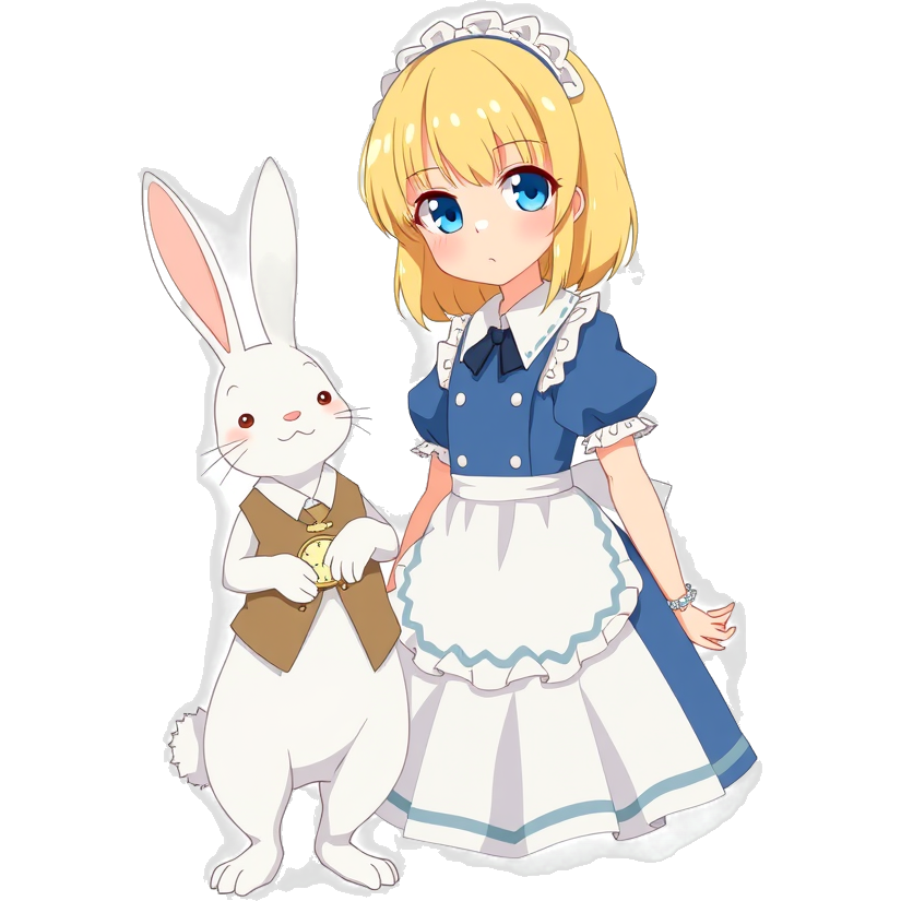 A girl in a blue dress and has blond hair and blue eyes with a half apron and a white rabbit standing up on two legs dressed in a vest with white gloves holding a pocket watch