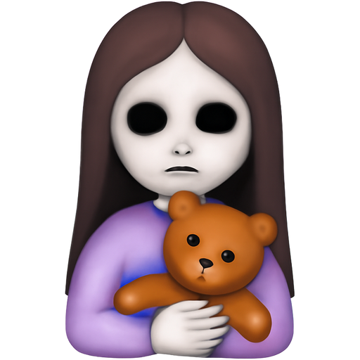 "Pale girl with black eyes and long dark brown hair cradling a teddy bear in a dreamy pastel setting."