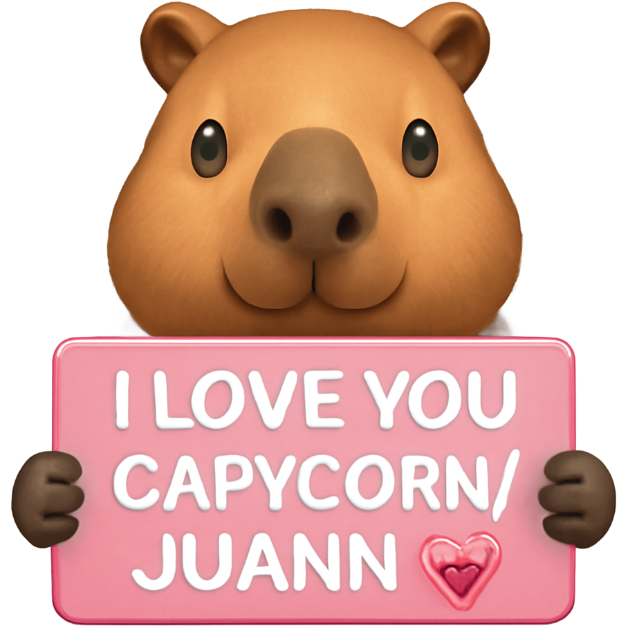 A capybara holding up a sign that is baby pink with white letters that says “ I LOVE YOU CAPYCORN/JUANN💝