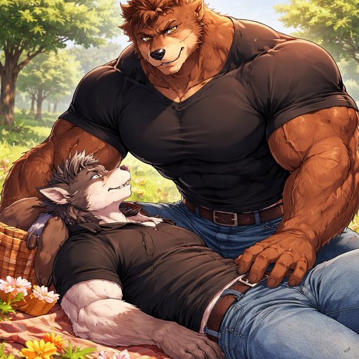 A Full BODY and FACE of a Muscular and Buff and a Gigantically Muscular with Chunky Gigantic Pecs AND biceps and a BIGGER head with the Perfect Waist. VERY Masculine and handsome Anime Bara Furry Grizzly Bear with a Very Good-looking and Mature Face and brown eyes with a wrestler type body. Dressed in a Black Baggy Shirt and Jeans. On a Picnic with his Boyfriend. Leaning over him
