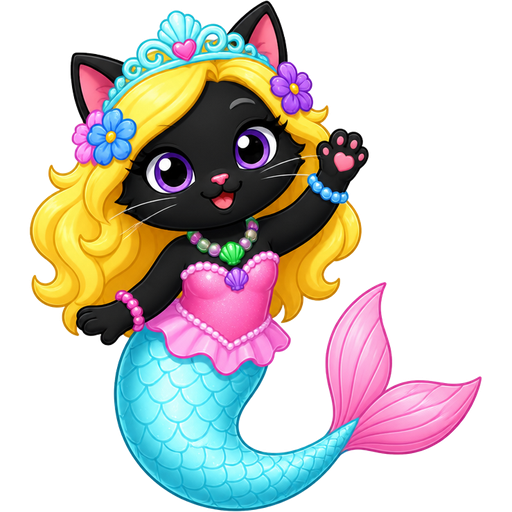 black cat with light yellow hair purple and blue flowers light cyan crown purple and green necklace pink and blue bracelets pink dress attached to long light cyan mermaid tail with pink tail fins