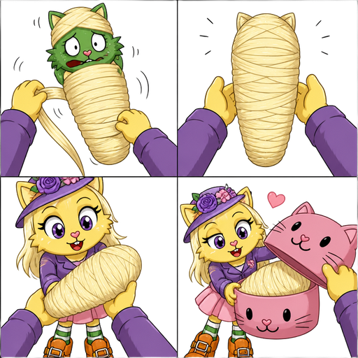 green boy cat furry getting quickly wrapped up and webbed and cocooned from head to toe by furry yellow cat anthro with purple eyes light blonde hair purple and pink florist hat and purple florist outfit green and white socks orange boots with buckles light pink skirt in first person view using its light blonde hair 2 light blonde hair cocoon shaped like green boy cat furry with arms behind back with bonded legs together completely covered with light blonde hair webbing head to toe then furry yellow cat anthro with purple eyes light blonde hair purple and pink florist hat and purple florist outfit green and white socks orange boots with buckles light pink skirt in first person view picks up the light blonde hair cocoon shaped like green boy cat furry with arms behind back with bonded legs together completely covered with light blonde hair webbing from from head to toe places into a pink cat shaped box and closes it happy tree friends comic version
