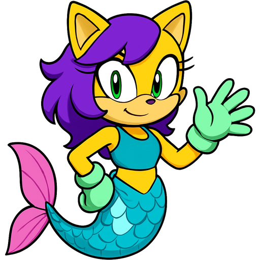 yellow cat anthro with purple hair cyan and white mermaid tail with pink fins light green gloves and swimsuit top blue sonic x style version artistic creation, beautiful art