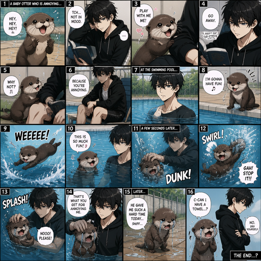 A comic book Picture by picture and shows every action of a A baby otter who is annoying and his male Cute and Handsome that doesn’t like the otter wearing a Black Hoodie and Shorts owner the owner is in the swimming pool and the otter Jumps in with him and the otter says he’s going to have fun but the owner excessively bullies him In the pool and then it gets out crying saying how the owner gave him a hard time today. And the otter wants a towel but isn’t given one