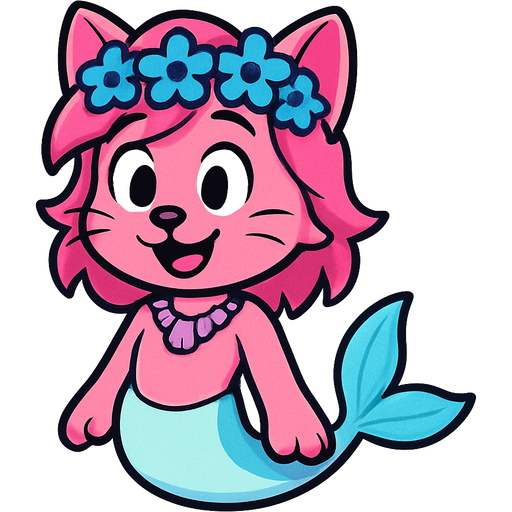 cartoon Male pink anthro cat with pink hair blue flower crown with light purple shell necklace long cyan and white mermaid tail with blue fins emoji, artistic style
