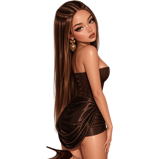 semi-realistic soft cartoon luxury glam, mini plush Bratz-doll aesthetic, cinematic glow, crisp clean detail, glossy glam skin. brown eyed Petite 5ft girl, fair skin with soft freckles, wide face with tall forehead, honey-brown almond wide-set upturned eyes, fluttery lashes, shimmer highlight, plush lips, bottom heavy lip, sweet Belle-princess vibe, long straight brunette hair with visible caramel highlights, wearing a smoky cocoa hook-and-eye corset top with seaming and a chocolate satin draped mini skirt over shorts, statement gold earrings, pointed heels, hair in long sleek straight hair with two micro braids at the crown, makeup with dramatic lifted liner, bronze taupe shadow, sculpted cheeks, and a cinnamon nude lip, leaning forward slightly against a wall while looking back over her shoulder with one hand on her thigh