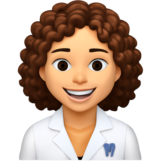 Mulher cabelo cacheado castanho médio, de tamanho médio, branca, estudante de odontologia, com jaleco branco, sorrindo, do abdômen pra cima