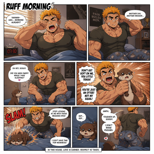 A Full page Anime Comic book story about of a Bulky ANIME Cute Bara Man American 20 year old with a ROUND and BASIC facial structure and Young Adult BARA CUTE that is Peach Toned skin not anything else MALE not to detailed With bigger than average Pecs that are visible through the shirt and Biceps and a big Bandaid on his nose and Left Cheek and Right Eye brow with Scars all over his Chest and arms. Wearing a Tight Military Green Top that is tight around the waist and Baggy Camo Cargo pants drenched in sweat and Short and yellowish orange Hair and Bright Gold Fluffy Hair and Strait with brown eyes and black eyebrows with a Three finger Slash on his Eyebrow. With no Facial Hair. Waking up in the morning in pajamas and his pet otter but harshly bully’s it