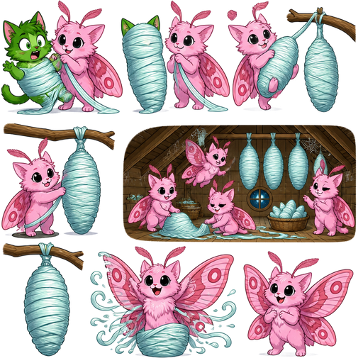 green boy cat furry was getting wrapped up and light cyan slik mummfied tightly by pink hybrid moth cat using the light cyan slik that covers the green boy cat completely and becomes light cyan slik mummy shaped like green boy cat furry completely covered with light cyan slik mummy then the pink hybrid moth cat picks up safely and places onto a branch and hangs it with slik as light cyan slik mummy shaped like green boy cat furry completely covered with light cyan slik mummy then pink moth hybrid appears and quickly wraps a second layer of light cyan slik wrapped around the light cyan slik mummy shaped like green boy cat furry completely covered with light cyan slik mummy in attic with light cyan slikworm cocoons and three light cyan slik wrapped up mummified cocooned cats and four pink hybrid moth cats then the pink cat moth furry hybrid emerges out of it cartoon clipart style version