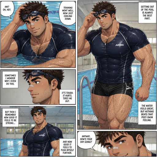 A REALISTIC AND LIFELIKE Comic Book long Story of a Bulky but Muscular ANIME Cute Bara Man With Peach toned skin Who looks Normal and a huge and Masculine round facial Structure and Basic facial structure With Puffy and Big Pecs that are visible through the shirt and Biceps and Bandaid on his nose and Brown Spiky hair and His Hair Curls At the tip of strands. Wearing a swiming shirt and Short shorts and Goggles with and has a Hairy body and looks very manly like a Dad but isn‘t one. and Attractive and Hot. And looks Hot while getting out of the pool