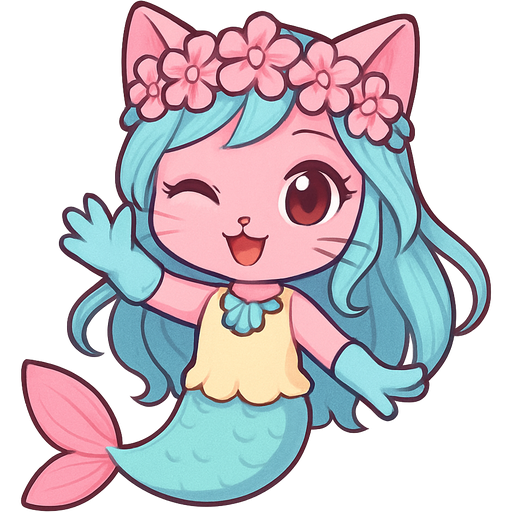 pink cat with light blue hair pink flower crown with light green shell necklace light yellow dress attached to long light cyan mermaid tail with pink fins light blue gloves artistic creation, beautiful art fan character emoji, expressive cute style