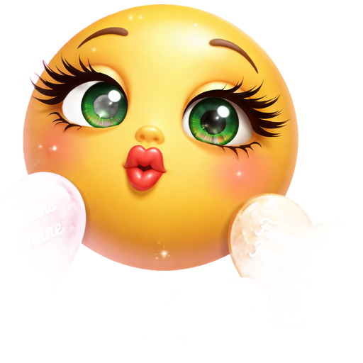 A smiley with long eyelashes, who makes kiss mouth, with hearts in all colors around, in every heart I need this text “Forever yours Forever mine” and make the Pink sparkling heart the biggest heart, colors pink, lavender, teal, mint green, bright, beautiful green eyes emoji