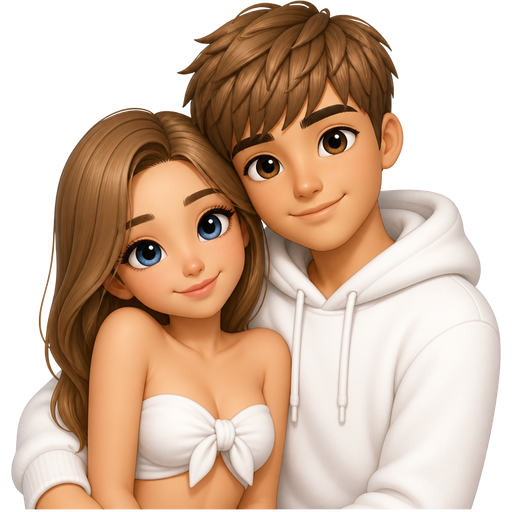 Make a cute couple pose with a girl with light brown hair and blue eyes and a handsome guy with light brown hair in a textured fringe cut and brown eyes and a white hoodie the girl is wearing a knotted bandeu top