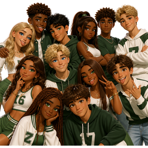 If there was a famous teenager friend group with these people Cami Kelce (13) (white) blonde hair blue eyes funny sweet sassy cute pretty Marco Coleman (14) (black) brown hair brown eyes funny stupid cool sweet Noah market (15) (Mexican) black hair green eyes cool strong silly jokey Mia lzzy (14) (black) brown hair brown eyes funny cool additud twins with Justin pretty Justin lzzy (14) (black) brown hair brown eyes funny cool strong sassy Jonathan greenish (15) (white) blonde hair brown eyes cool sweet strong silly stupid Millie brown (15) (mixed) brown hair green eyes cute silly smart sassy Cole Kelce (16) (white) blonde hair blue eyes cool funny jokey protective of Cami when it comes to boys and outfits Julia (16) (black) brown hair green eyes she’s funny sweet and jokey too Josh (17) (white) brown green hair brown eyes funny kind stupid jokey Zoe (16) (black) brown red hair green eyes sweet funny pretty have them wearing green and white outfits but different designs and have Noah be right by Cami and have them all posing for a photo shoot for the profile picture