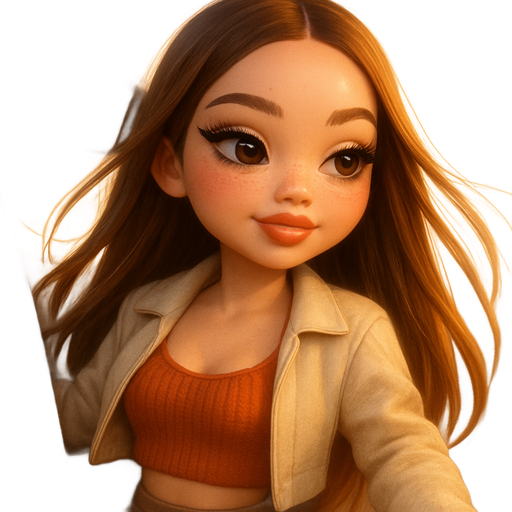 semi-realistic soft cartoon luxury glam, mini plush Bratz-doll aesthetic, cinematic glow, crisp clean detail, glossy glam skin. brown eyed Petite girl, fair skin with soft freckles, wide face with tall forehead, honey-brown almond wide-set upturned eyes, fluttery lashes, shimmer highlight, plush lips, bottom heavy lip, sweet Belle-princess vibe, long straight brunette hair with visible light blonde highlights, softly defined feminine body, soft hourglass shape with full round bust, Rust-orange cropped knit tank, taupe mini skirt, and cropped cream jacket. Hair: straight, sleek, parted down middle. Burnt coral blush and glossy lips, leaning out car window, wind catching hair. Cozy romantic glow, soft warm lighting, pop-princess energy